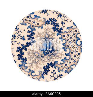 A circular textile design featuring intricate patterns in shades of blue and cream, displaying floral motifs and abstract shapes that create a harmonious, decorative effect. Classic art with a modern twist reimagined by Artotop, Transformed French Fabrics, First Half of the Nineteenth Century Stock Photo