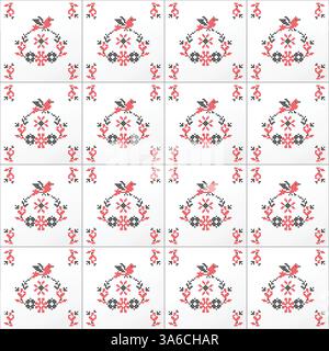 Traditional southern Ukraine decorative ornament on seamless tile, pattern with folk botanic and birds ornament Stock Vector