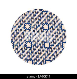 A circular fabric displaying a geometric pattern of interlocking shapes in navy blue against a light background, creating a visually striking design. Classic art with a modern twist reimagined by Artotop, Transformed French Fabrics, First Half of the Nineteenth Century Stock Photo