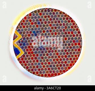 A circular pattern showcases a honeycomb design filled with intricate red and purple hexagons, interspersed with a striking zigzag motif in yellow and blue, creating a vivid contrast. Classic art with a modern twist reimagined by Artotop, Transformed French Fabrics, First Half of the Nineteenth Century Stock Photo