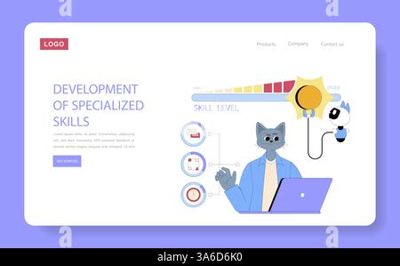 AI Assistant For Work. This illustration showcases a cat character interacting with digital tools to track skill levels and enhance specialized skills in a professional setting. User-friendly design promotes effective learning. Vector illustration. Stock Vector