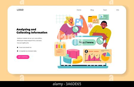 Workflow illustration depicting the process of analyzing and collecting information. Two individuals collaborate over data and charts, showcasing teamwork and data-driven tasks. Vector illustration. Stock Vector