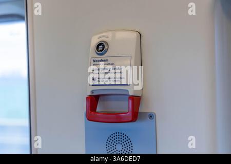 close up Noodrem: Emergency Brake dutch train. The train will stop after pulling the emergency brake. Stock Photo