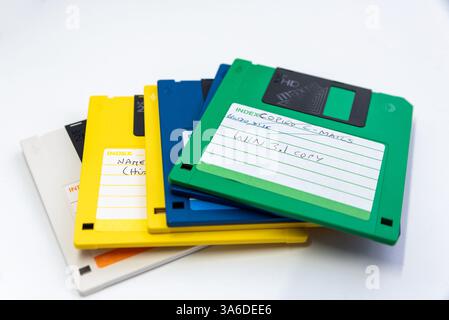 Floppy disk stack. One with a copy of Microsoft Windows 3.1 hand written Stock Photo
