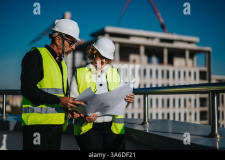 Architects in hard hats reviewing blueprints at a construction site Stock Photo