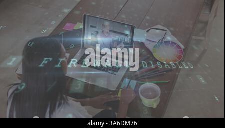 Cyber security data processing against woman having a image call on laptop at office. cyber security and business concept Stock Photo