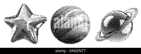Grunge bitmap hearts and chrome texture star on a Planet Mars Saturn Space background Stock Vector