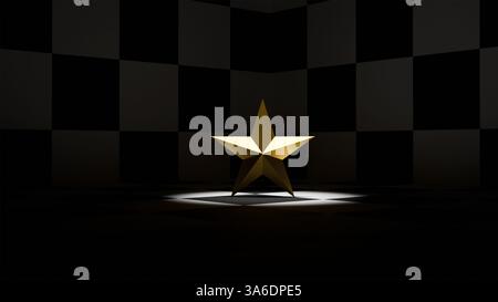 3D model of golden star on chessboard with beam of light in dark, game, chess, chessboard, award Stock Photo