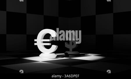 3D model of black chess piece in the form of a dollar sign and white in the form of a euro on a chessboard in the dark, business and finance Stock Photo
