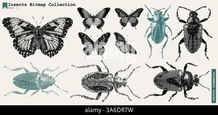 Butterfly Texture Vintage Insect Collage Art Grunge Halftone Retro Y2K Effect Bitmap Nature Graphic Set". Stock Vector