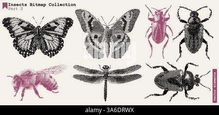 Vintage Butterfly Texture with Grunge Halftone Effect – Retro Y2K Insect Collage Art, Bitmap Grain & Punk Aesthetic. Stock Vector