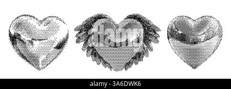 Grunge pixelated heart set with chrome and halftone textures. Retro Y2K aesthetic with cosmic and futuristic elements. Vintage tattoo-style vector Stock Vector