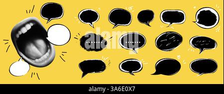 Pop art collage of a mouth screaming in a speech bubble. Hand-drawn vector illustration with grunge, charcoal, and ink textures. Comic-style dialogue Stock Vector