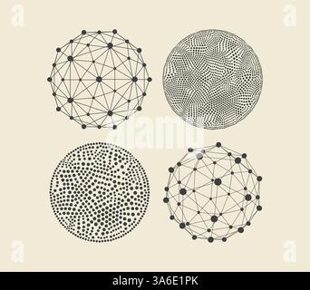 Spheres with connected lines and dots. Abstract 3d grid design. Technology style. Vector illustration. Stock Vector