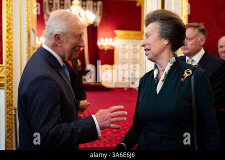 King Charles III and The Princess Royal, patron of The Butler Trust, attending the trust's annual awards at St James's Palace, London. Picture date: Tuesday March 25, 2025. Stock Photo