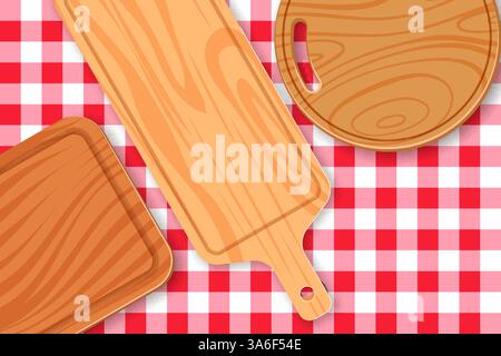 Empty wooden cutting boards in different shapes on red checkered tablecloth or plaid. Vector cartoon illustration. Cooking and recipe design elements. Stock Vector