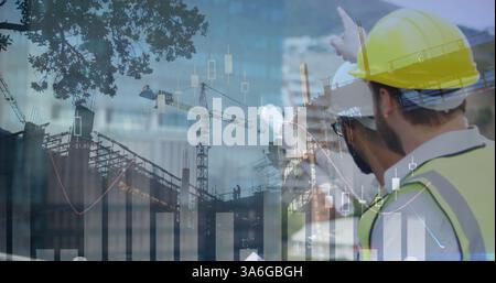 Analyzing building site, construction workers in safety gear using digital graphs. teamwork, technology, engineering, architecture, development, infra Stock Photo
