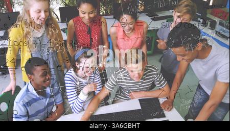 In school, diverse students collaborating on laptop, solving math problems together. Education, teamwork, collaboration, learning, technology, studyin Stock Photo