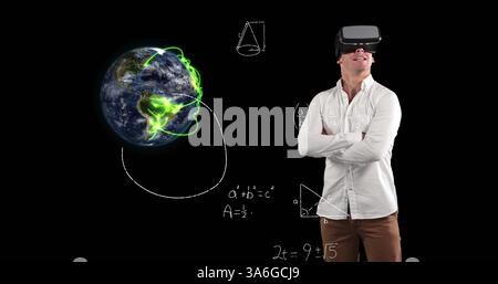 Image of mathematical equations and spinning globe floating over teacher wearing vr goggles. Education back to school concept digitally generated imag Stock Photo