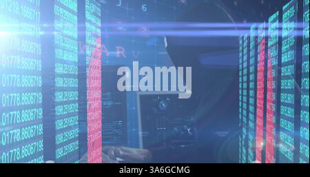 Hacker in dark room typing on keyboard surrounded by digital code screens. Cybersecurity, hacking, technology, cybercrime, coding, programmer Stock Photo