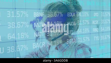 Woman wearing headset analyzing digital stock market data on transparent screen. Finance, technology, analytics, innovation, economy, investment Stock Photo