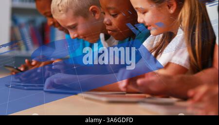 Image of digital interface over a row of primary school kids using touchscreens on tablet computers. Global digital education network digitally genera Stock Photo