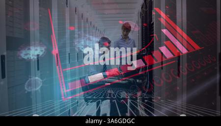 Technicians in server room analyzing data with digital graphs overlay. Technology, analysis, servers, network, communication, digital transformation Stock Photo