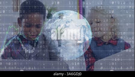 African American boy and Caucasian girl using laptops with digital globe overlay. Technology, e-learning, internet, global, communication, diversity Stock Photo