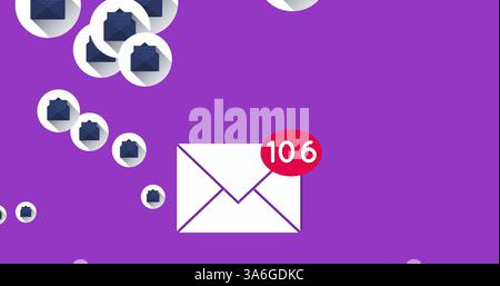 Image of social media envelope icons with numbers growing flying on purple background. Global social media networking concept digitally generated imag Stock Photo