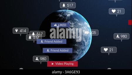Image of falling social media icons over globe. social media and communication concept digitally generated image. Stock Photo