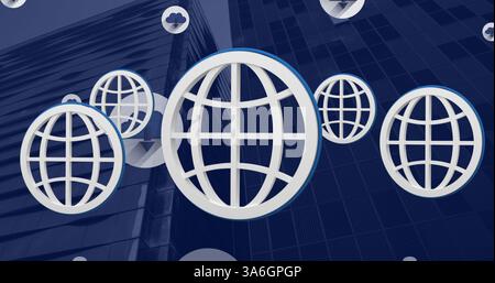 Image of globe and cloud icons with arrows and globe spinning over modern buildings. global travel, connections, digital interface and technology conc Stock Photo