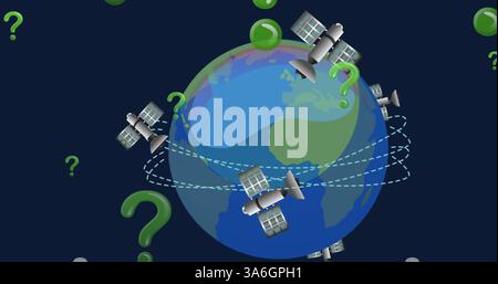 Image of green question marks, satellites and globe spinning on blue background. global connections, digital interface and technology concept digitall Stock Photo