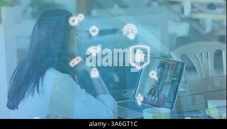 Image of online security padlock and digital icons over woman on laptop image call. global internet security, connections, technology and data process Stock Photo
