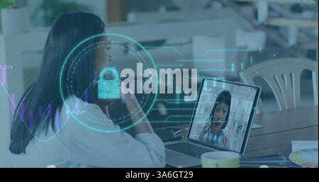 Image of online security padlock and digital icons over woman on laptop image call. global internet security, connections, technology and data process Stock Photo