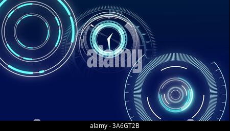Image of scopes scanning and clock moving fast on blue background. global technology, digital interface concept digitally generated image. Stock Photo