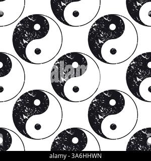 Black and white seamless pattern with yin and yang symbols with rough texture Stock Vector