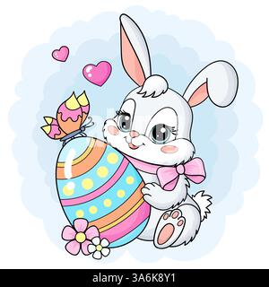 Cute white Easter bunny holding an egg in his paws. Flat design. For children's holiday design prints, posters, cards, stickers, posters etc. Vector i Stock Vector