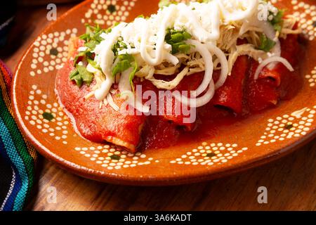 Entomatadas. Also known as Enjitomatadas, a typical dish of Mexican cuisine prepared with corn tortilla, tomato sauce and stuffed with shredded chicke Stock Photo