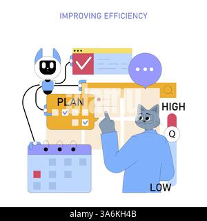 Business processes and efficiency improvement through innovative planning tools. A collaboration between human insight and technology enhances productivity, decision-making, and task management. Vector illustration. Stock Vector