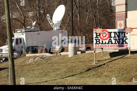 Jan. 15, 2015 - Green Township, Ohio, U.S - A CCN Satellite Truck sits in the parking lot of Point Blank West  gun shop and firing ranges  in Colerain Township were Christopher Cornell  also know as Raheel Mahruc Ubaydah was arrested  on charges of attempted  killing of a U.S. Government officer and  possession of a firearm with intent to commit a crime on Wednesday January 14, 2015. The FBI had information that Cornell was planing to set up bomb at the Capitol Building and try to kill police officer's  an all who came out of the building after setting off the bombs . He was buying two semi-au Stock Photo