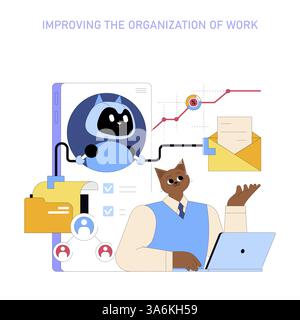 AI assistant enhances workplace organization through streamlined communication and task management. The illustration depicts a cozy workspace, illustrating productivity, efficiency, and innovation. Stock Vector