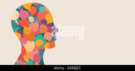 Anonymous human head silhouette with many speech bubbles inside as Equality inclusion diversity concept. Communication and dialogue Stock Vector
