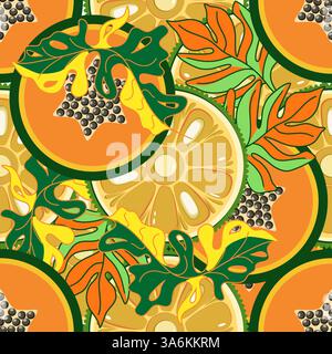 Exotic fruits and tropical leaves seamless pattern Stock Vector