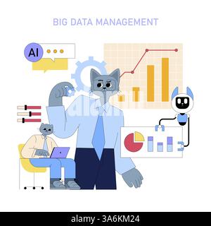 AI's role in data management is highlighted as characters interact with digital tools and graphs. The illustration emphasizes the integration of AI for efficient business data solutions and analytics. Stock Vector
