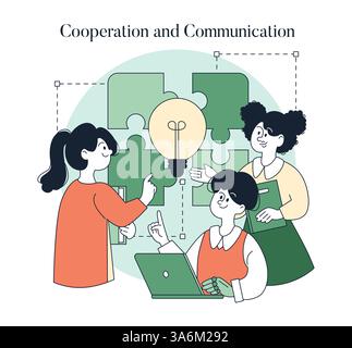 Cooperation and communication among individuals in a workspace stimulate creativity and problem-solving. Team members share ideas, leading to collaborative solutions and collective growth. Vector illustration. Stock Vector