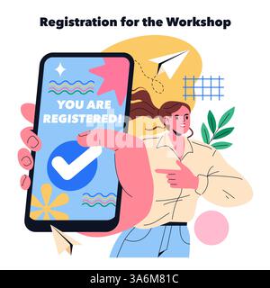 Workshop registration process illustrated as a mobile screen displaying a confirmation message. The design conveys excitement and readiness for participation, enhancing user engagement and accessibility. Vector illustration. Stock Vector