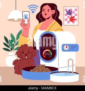 Pet Gadgets illustration. A modern pet owner utilizes technology to care for their dog, featuring an automated feeder and water dispenser. A cozy home environment enhances the digital pet care experience. Vector illustration. Stock Vector
