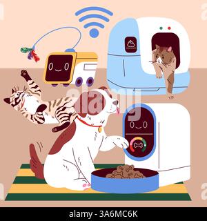 Pet gadgets enhance the lives of furry friends, seen with an automated feeder, interactive toy, and self-cleaning litter box. Modern technology elevates pet care, ensuring comfort and playfulness. Stock Vector