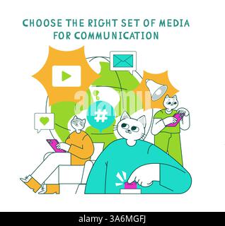 Marketing tools illustration showcasing various media options for effective communication. It features characters interacting through digital devices, emphasizing the importance of choosing the right tools. Vector illustration. Stock Vector