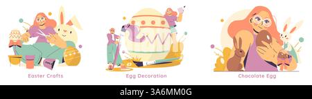 Easter celebration illustration highlighting festive activities like crafting, egg decoration, and enjoying chocolate eggs. It captures the joy of creating sweet memories during the holiday. Vector illustration. Stock Vector